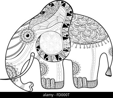 Libro da colorare pagina per adulti. Elefante. Etnia anti stress modello di animale totem Illustrazione Vettoriale