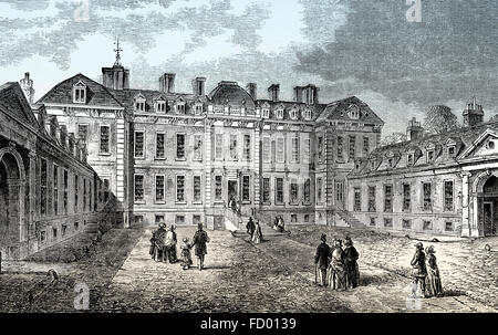 Il cortile di Montagu o Montague House, 1830, la prima sede del Museo Britannico, una villa seicentesca in Great Russell Foto Stock