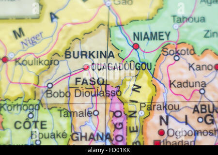 Foto di una mappa di Burkina Faso e la capitale Ouagadougou . Foto Stock