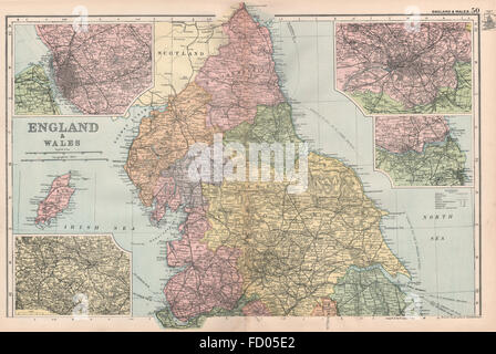 Nell Inghilterra del nord: inset Liverpool Leeds Manchester Newcastle. BACON, 1896 Mappa Foto Stock