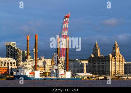 Vidar Jack up Rig al dock di Liverpool, Liverpool, Regno Unito. Il 26 gennaio 2016. Il jack-up nave Vidar è meno di due anni ed è stata appositamente realizzata per installare parchi eolici offshore. La nave è uno dei più grandi del suo genere in tutto il mondo. Il grande ponte di carico lo spazio e il payload e la capacità di sollevamento della sua gru fino a 1.200 t consentono una rapida e sicura installazione del pesante di fondazioni e di altri componenti di windparks offshore. Credito: Cernan Elias/Alamy Live News Foto Stock