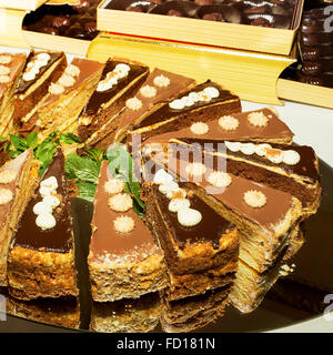 Autentica Shortcake torta, foglie di menta su di una piastra speculare, buffet. Mattina illuminazione atmosferica, trendy moda spot focu morbido Foto Stock