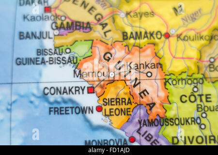 Foto di una mappa della Repubblica di Guinea e la capitale Conakry . Foto Stock