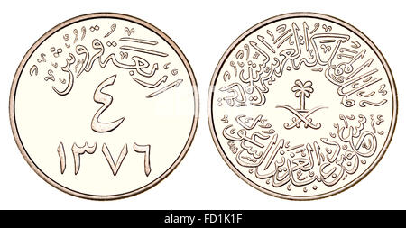 4 Ghirsh / Qirsh moneta di Arabia Saudita che mostra la scrittura araba e i simboli e la data 1376 (1956) del calendario islamico Foto Stock