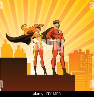 Super eroi - maschio e femmina. Illustrazione di vettore isolato su uno sfondo bianco Illustrazione Vettoriale