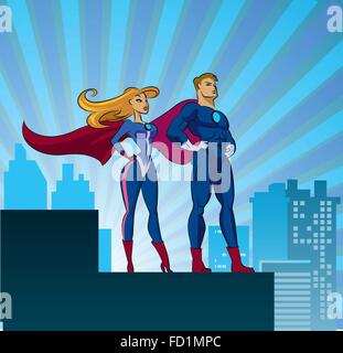 Super eroi - maschio e femmina. Illustrazione di vettore isolato su uno sfondo bianco Illustrazione Vettoriale