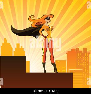 Super Hero - femmina. Illustrazione di vettore isolato su un sfondo di sunrise Illustrazione Vettoriale