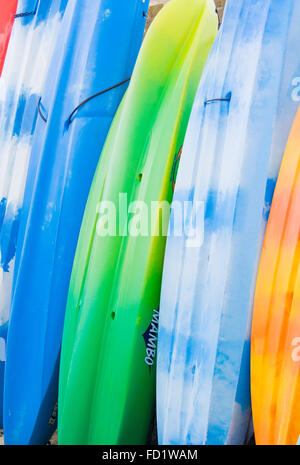 Colorato kayak o canoa permanente sulla fine Foto Stock