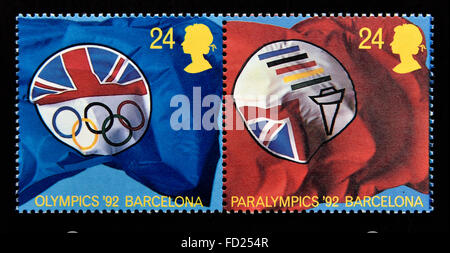 Francobollo. La Gran Bretagna. La regina Elisabetta II. 1992. Europa. Eventi internazionali. Le Olimpiadi e le Paraolimpiadi invernali '92 di Barcellona. Foto Stock