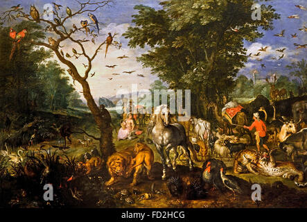 Imbarco Animali dell'arca di Noè di Jan II Brueghel 1601-78 Belgio fiammingo Noè un patriarca biblico che costruì un'arca per salvare ogni tipo di animale dalla Grande alluvione. La narrazione delle alluvioni della Genesi è tra le storie più conosciute della Bibbia. Foto Stock