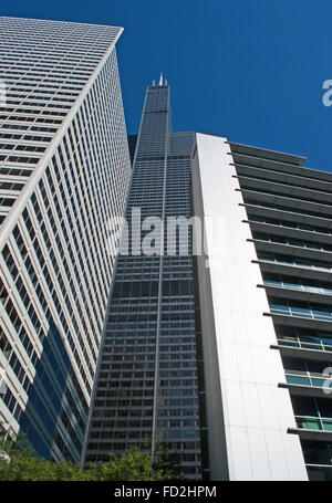 Chicago, Illinois: canal crociera sul Fiume di Chicago, skyline con vista del la Willis Tower (ex Sears Tower), un iconico 110-grattacielo storia Foto Stock