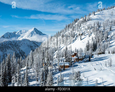 Antenna vista invernale di montaggio remoto Carlyle Lodge; Selkirk montagne; British Columbia; Canada Foto Stock