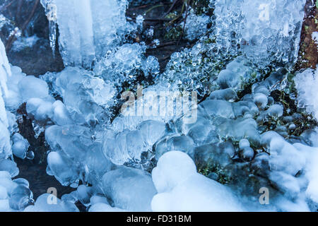 Congelati creek, acqua congelata, gocce di ghiaccio in un flusso, inverno, area di Sauerland, Germania Foto Stock