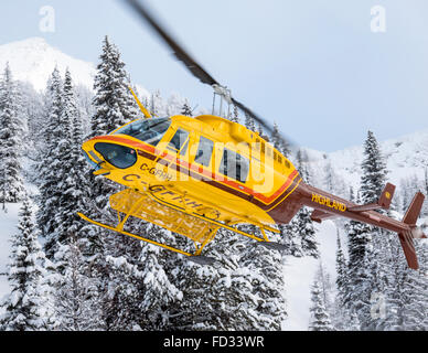 Elicottero vola paese indietro agli sciatori di montaggio remoto Carlyle Lodge; Selkirk montagne; British Columbia; Canada Foto Stock