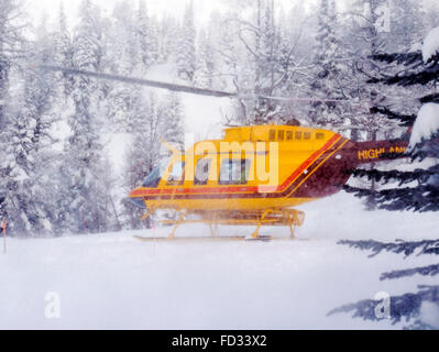 Elicottero vola paese indietro agli sciatori di montaggio remoto Carlyle Lodge; Selkirk montagne; British Columbia; Canada Foto Stock