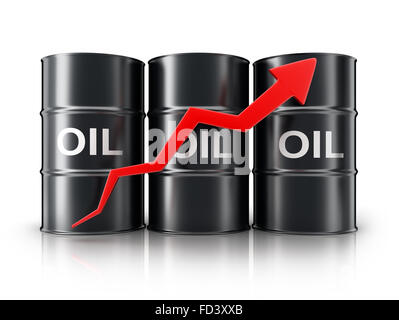 Barile di petrolio e freccia in alto (fatto in 3d, su sfondo bianco) Foto Stock