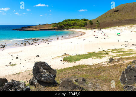 Anakena, spiaggia di Anakena, Cile, Isola di Pasqua, Parco Nazionale di Rapa Nui Foto Stock