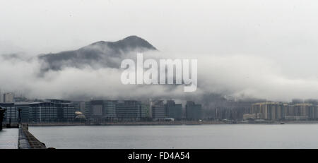 Hong Kong. 28 gen, 2016. Foto scattata a gennaio 28, 2016 mostra Hong Kong Science Park è circondato da nebbia a Hong Kong, Cina del sud. © Lo Fai Ping/Xinhua/Alamy Live News Foto Stock