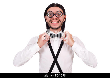 L'uomo di indossare calze autoreggenti isioated su bianco Foto Stock