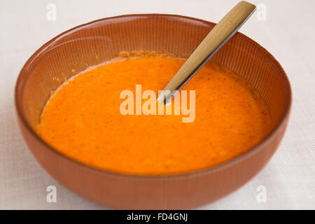 Una ciotola di piccante mojo rojo salsa a Tenerife, Spagna. La salsa è tradizionalmente servito con patate spiegazzata (papas arrug Foto Stock