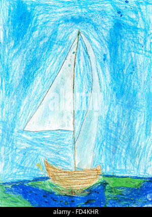 Bambino disegno della barca a vela sul mare, olio pastelli Foto Stock