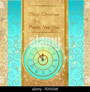 Buon Natale e Felice Anno Nuovo sfondo vintage con orologio Illustrazione Vettoriale