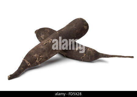 Due fresche ravanelli nero su sfondo bianco Foto Stock