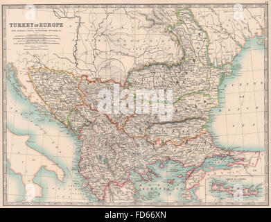 La TURCHIA IN EUROPA:Romania Servia Montenegro Bulgaria. Balcani. JOHNSTON, 1906 Mappa Foto Stock