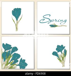 Biglietti di auguri con disegnati a mano crocus fiori di primavera. Il giorno di San Valentino design della scheda. Utilizzare per biglietti d'auguri, inviti nozze, Illustrazione Vettoriale