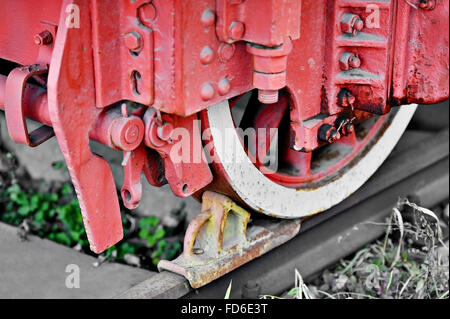 Closeup shot del vecchio sistema di freno meccanismo sul treno a vapore Foto Stock