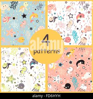 Set di creature del mare seamless pattern. Sfondo infantile. Holiday design. Illustrazione Vettoriale. Illustrazione Vettoriale