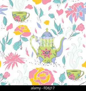 Modello senza cuciture con disegnati a mano tazza da tè e teiera con motivo floreale circondato da fiori e foglie di tè. Vettore Illustrazione Vettoriale