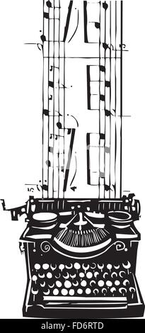 Xilografia stile immagine di un manuale dattiloscritto con la musica che fluisce fuori di esso. Illustrazione Vettoriale