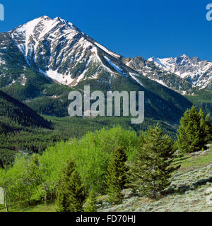 Picchi di spagnolo del madison intervallo al di sopra della forcella sud spagnolo Creek Valley in lee metcalf deserto vicino a Big Sky, montana Foto Stock