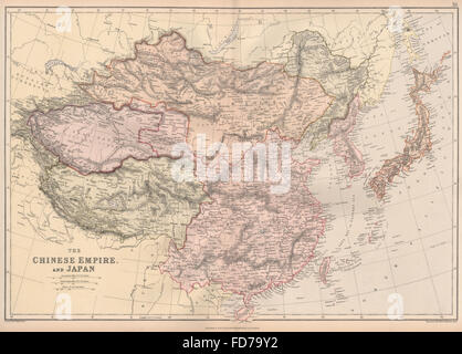 ASIA ORIENTALE: Impero Cinese e Giappone. Scala in cinese Li. BLACKIE, 1882 mappa vecchia Foto Stock