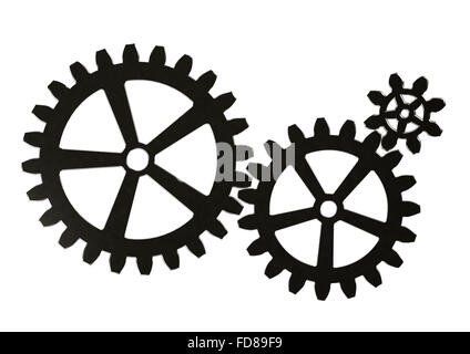 Ruote dentate in metallo isolato su sfondo bianco. Molto particolare il rendering. Foto Stock