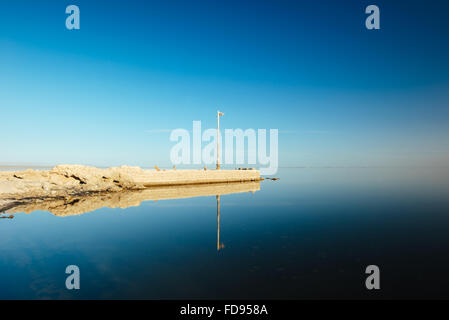 Sale-incrostati di rovine sulla spiaggia di Bombay, sulla riva orientale del Salton Sea, California Foto Stock