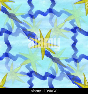 Acquerello motivi floreali blu senza giunture giallo sfondo floreale illustrazione primavera wallpaper vintage fiori d'arte Foto Stock