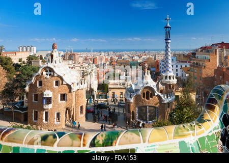 Lo skyline di Barcellona da Park Guell Foto Stock