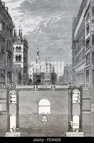 Holborn Viaduct, shematical vista in sezione trasversale della stazione della metropolitana, secolo XIX, Londra, Inghilterra Foto Stock