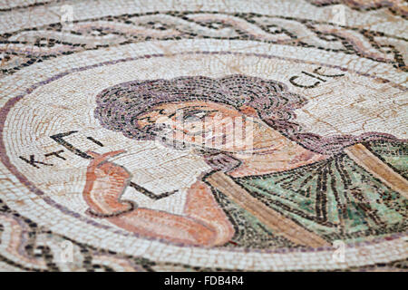 Close-up frammento del religioso antico in mosaico Kourion, Cipro Foto Stock