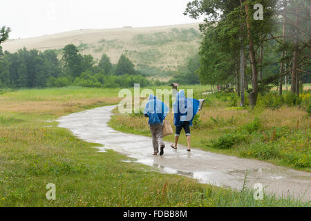Persone in blu impermeabili andare sulla strada sotto la pioggia Foto Stock