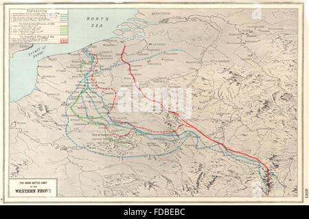 Guerra Mondiale 1: Principali linee di battaglia del fronte occidentale. 1914-18, 1920 Vintage map Foto Stock