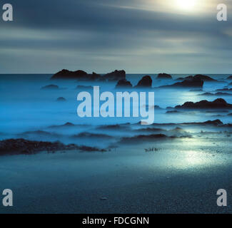 Moonlight su rocce Portwrinkle, Whitsand Bay, Cornwall Foto Stock