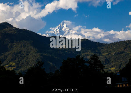 Machapuchare Mt. sacro al dio Shiva, vista da Pokhara, Nepal. Foto Stock