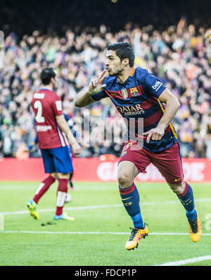 Barcellona, in Catalogna, Spagna. 30 gen, 2016. FC Barcelona avanti SUAREZ celebra il suo obiettivo durante il BBVA league contro Athletic Club allo stadio Camp Nou a Barcellona Credito: Matthias Oesterle/ZUMA filo/Alamy Live News Foto Stock