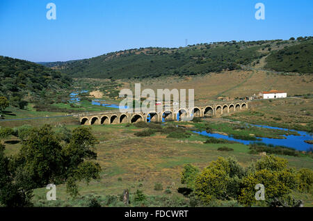 Ponte sul fiume Almonte (affluente del fiume Tago), Monfrague National Park, Estremadura, Spagna Foto Stock
