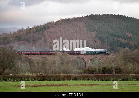 Cumbria, Regno Unito. 30 gen, 2016. Armathwaite viadotto, accontentarsi di Carlisle Linea ferroviaria Regno Unito. Treno a vapore LMS Principessa incoronazione 46233 classe 'Duchess di Sutherland'. L'inverno montagna pennini Express. Attraversare il viadotto di Armathwaite in questo momento in funzione 79 minuti di ritardo in questo momento a causa della scarsa qualità del carbone. Credito: Andrew Findlay/Alamy Live News Foto Stock