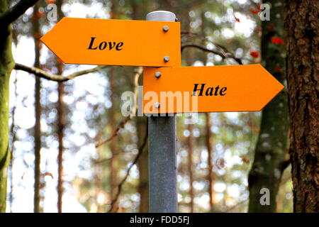 Amore e Odio scritto su un giallo segno di direzione Foto Stock