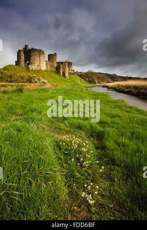 Il Castello Normanno sulle rive del Gwendraeth Fach nel Carmarthenshire città di Kidwelly. Foto Stock